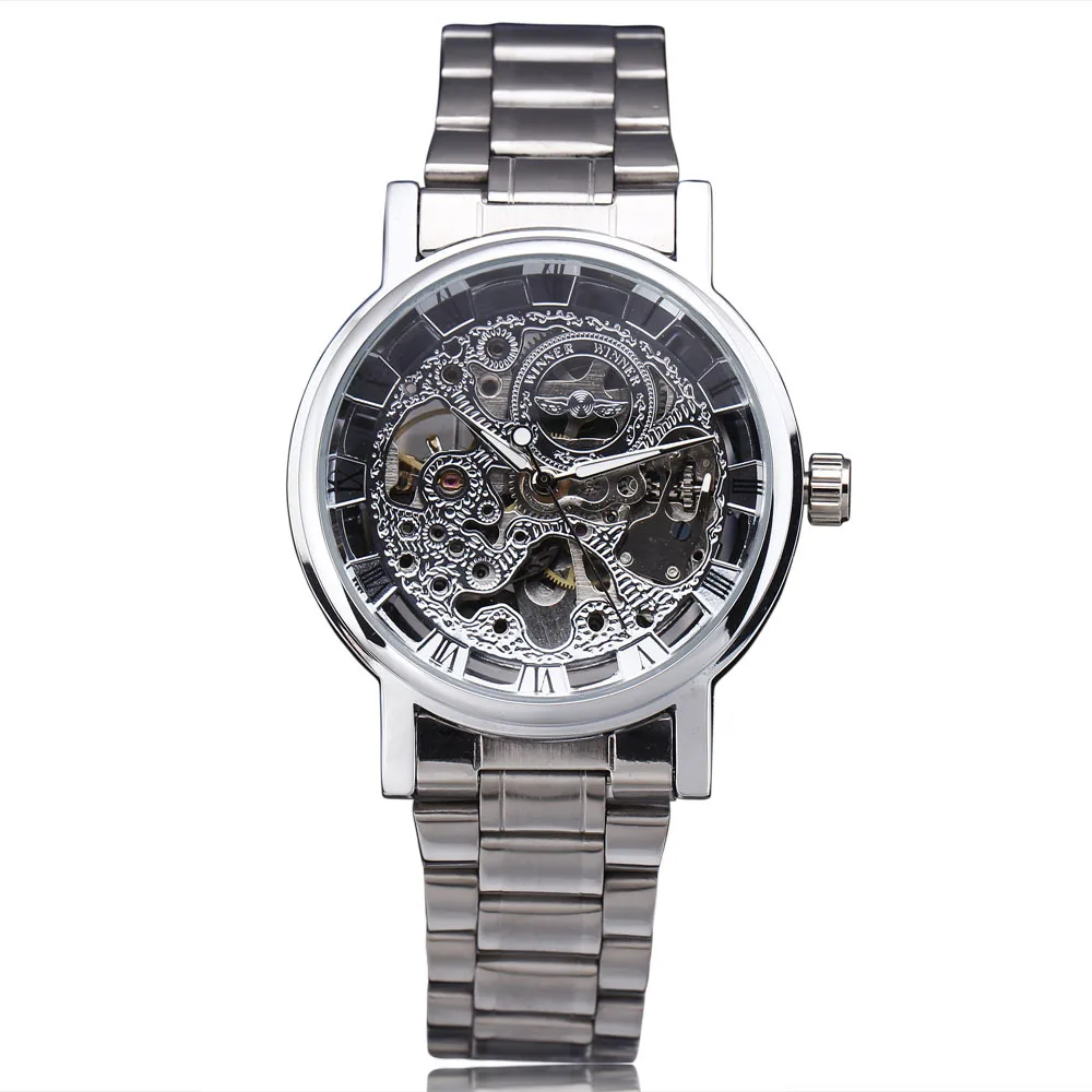 

High Quality Winner Men's Watch Brand Automatic Movement Transparent Crystal Stainless Steel Bracelet Wristwatch Color Silver