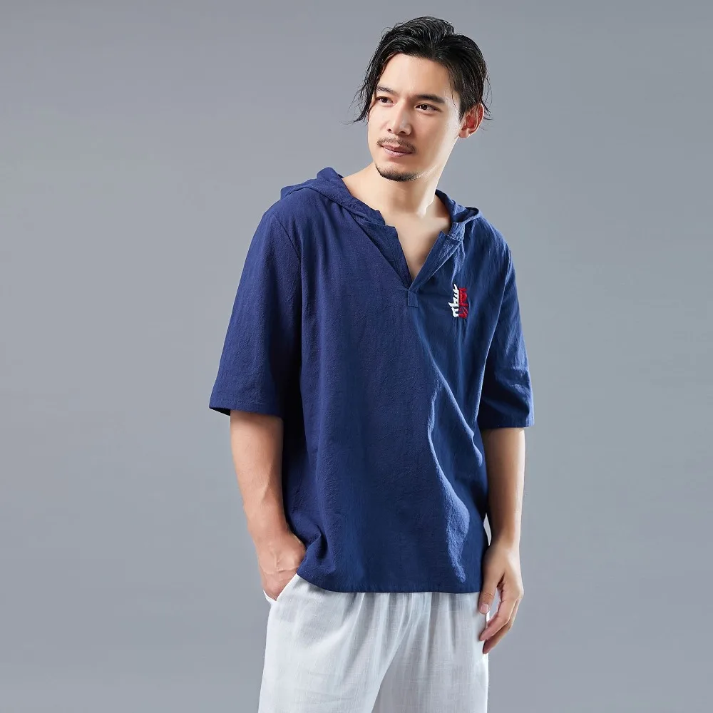 LZJN 2019 Men's Shirt Summer Style Hooded Short Sleeve Blouse Top Men New Casual Embroidery Cotton Linen Shirt Camisas De Hombre (20)
