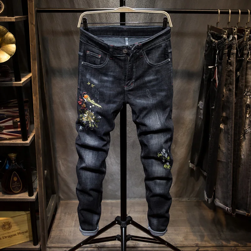 

DIAOOAID 2018 new hiphop Famous Brand Flower Embroidered Jeans Straight Slim Fit Black Mens Printed Biker Denim Trousers