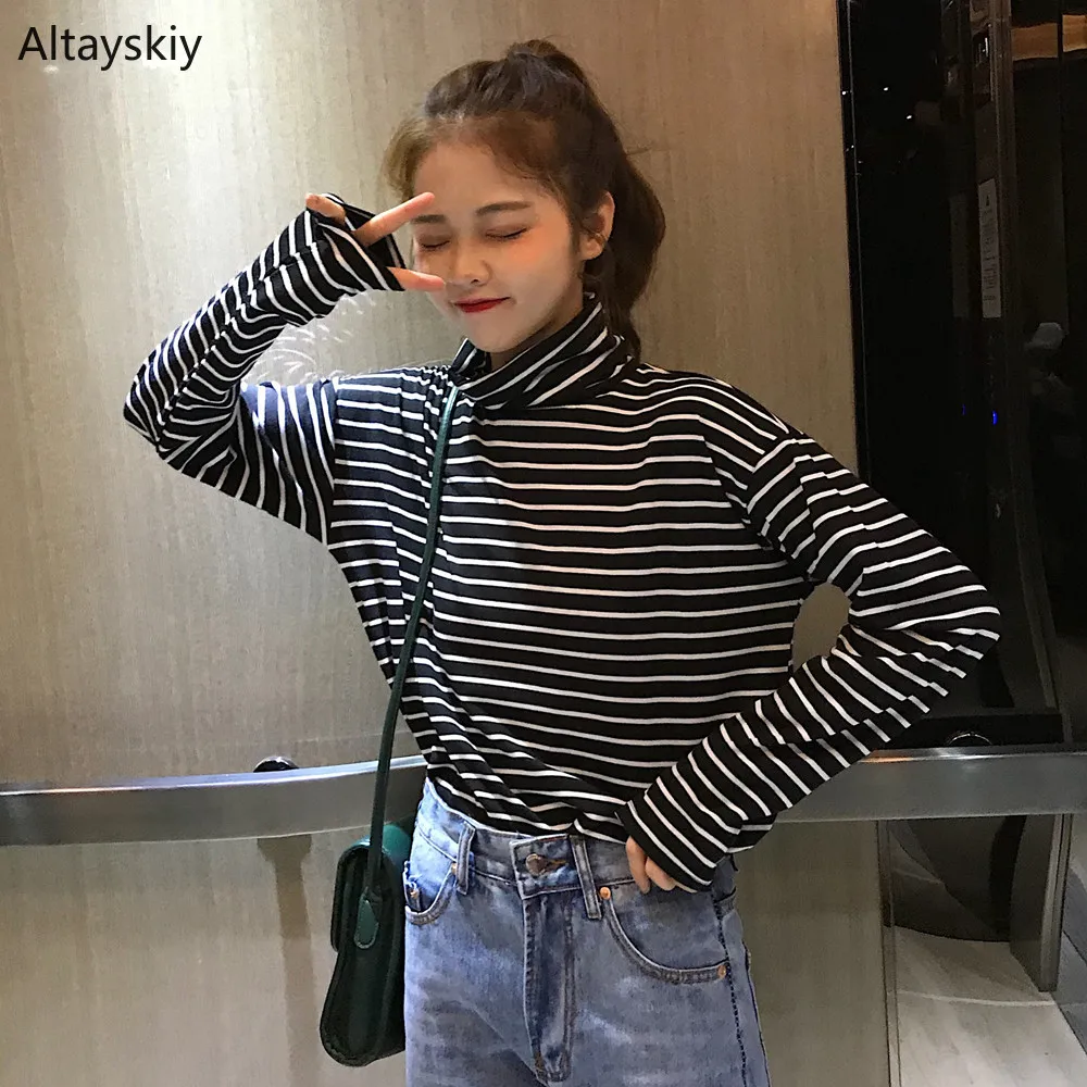 

T-shirts Women Trendy Elegant All-match High-quality Korean Style Leisure Daily Womens Female Lovely Simple Turtleneck Striped