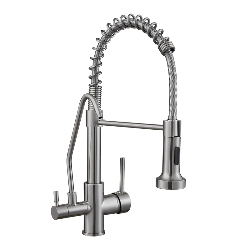  Nickel Spring Pull Down Kitchen Faucet Dual Spouts 360 Swivel Handheld Shower Kitchen Mixer Crane H - 33045520559