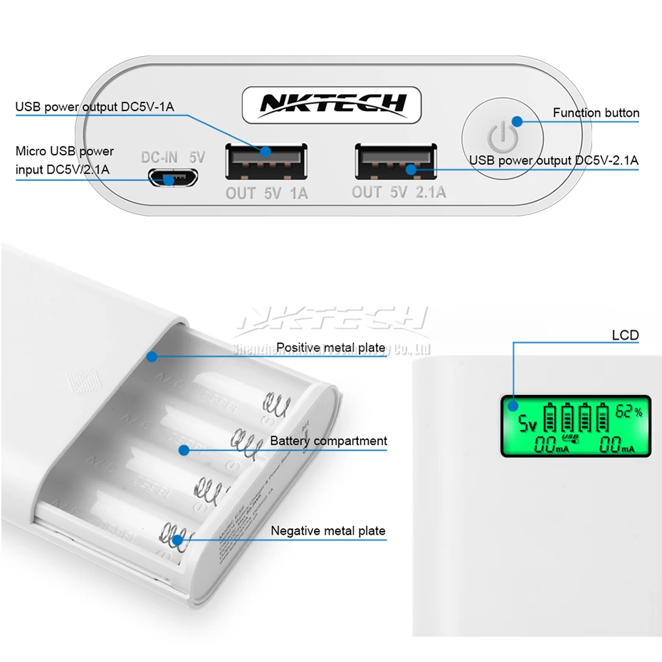 NKTECH E3S внешний Мощность банка 18650 Батарея USB ЖК-дисплей Зарядное устройство коробка 4 слотов для карт для Коврики 20 P20 Pro iPad Air iPhone XS 7 8 планшетов сотовых