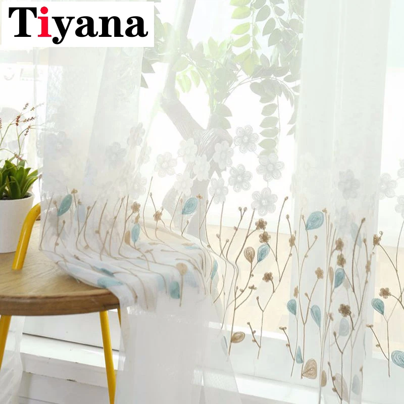 

American Style White Sheer Tulle Curtain For Living Room Rustic Embroidered Flower Voile Curtain For Kitchen Balcony HP047D3