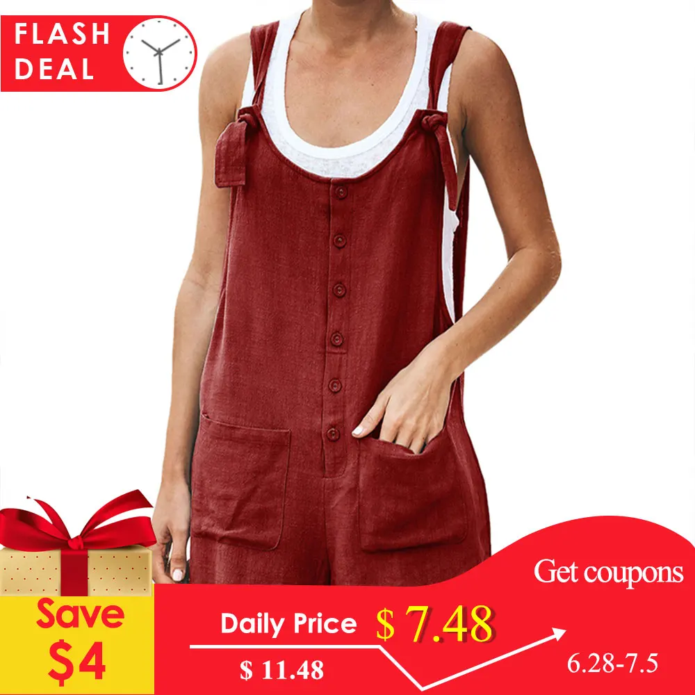 

2019 Hot Women Linen Cotton Overalls Casual Button Pockets Rompers Girls Loose Solid Playsuit Summer Strap Shorts mono mujer