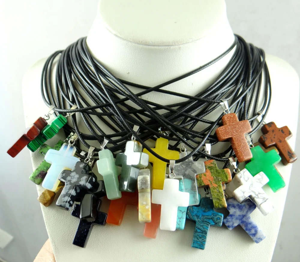 

3pcs Free Shipping cross Necklaces Natural Crystal Pendants Stone Pendant Leather Chains Necklace Women Fashion Jewelry