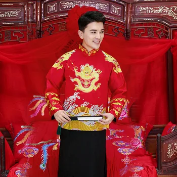 

Asian Male Wedding Party Dress Vintage Long Sleeve Cheongsam Chinese Red Embroidery Dragon Marriage Set Bridegroom Hanfu Clothes