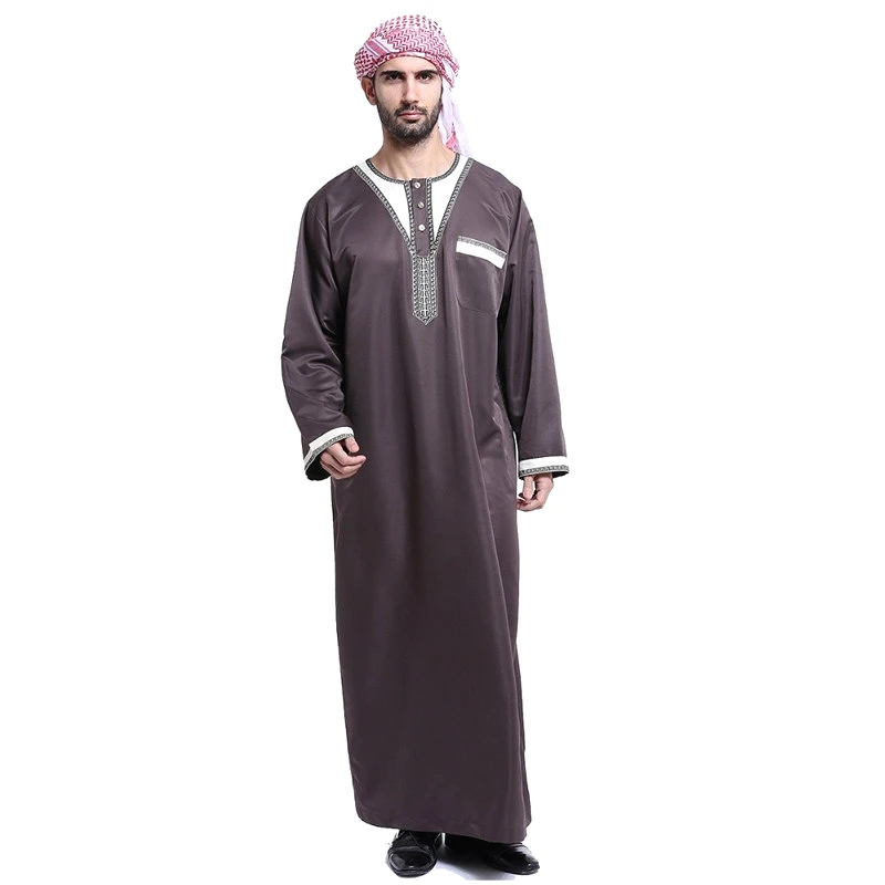 

5 Colors Men's Muslim Arab Clothing Islamic Garment Embroidered Long Sleeve Saudi Arabe Homens Thobe Kaftan Robe Jubba Clothes