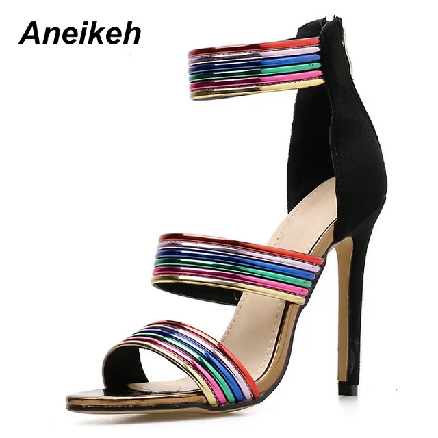 Mixed Colors Aneikeh/ г. разноцветные босоножки на высоком каблуке новые модные пикантные женские босоножки на высоком тонком каблуке с острым носком на молнии - Цвет: Mixed Colors