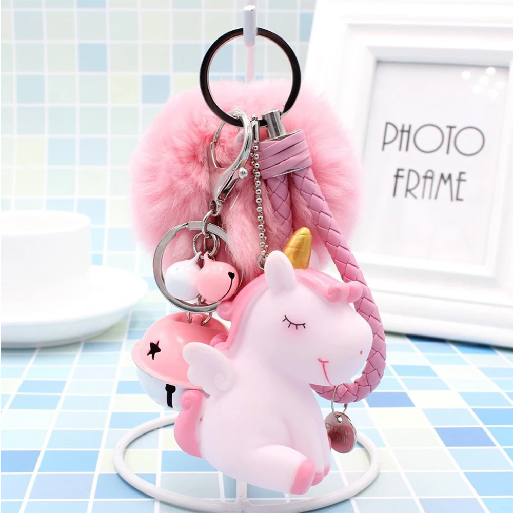 Kawaii Cartoon Unicorn Plush Keychain Fur Ball Pompons Key Ring Car Purse Bag Pendant Plush Toy - Color: U5