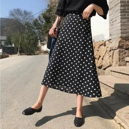 

2019 Summer Long Skirt Women Korean Style Vintage Polka Dot Slim High Waist A Line Black Chiffon Skirt saia longa KF03