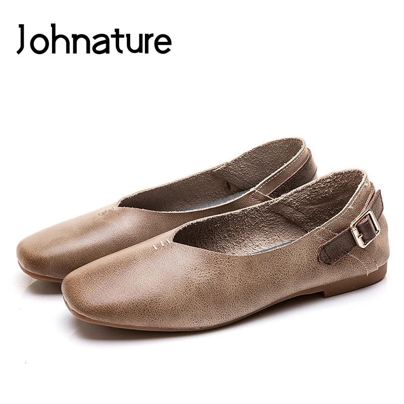 

Johnature 2019 New Spring/summer Genuine Leather Solid Round Toe Shallow Slip-on Soft Soled Women Flat Shoes Loafers