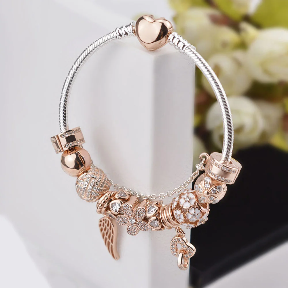 

NEW 100% 925 Sterling Silver Rose gold Heart bracelet suits Clear CZ Flower Charm Bead fit Bracelet DIY For Women Jewelry