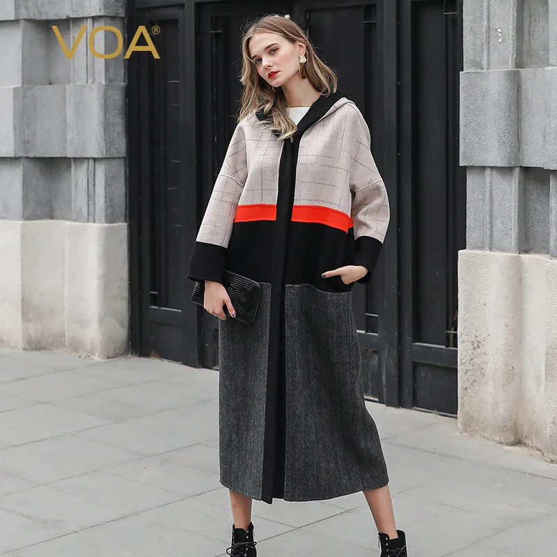 

VOA Mouton Coats Hooded Oversize 100% Wool Coat Women Winter Warm Outwear Khaki Plaid Overcoat Ladies Loose Female Jacket SA2688