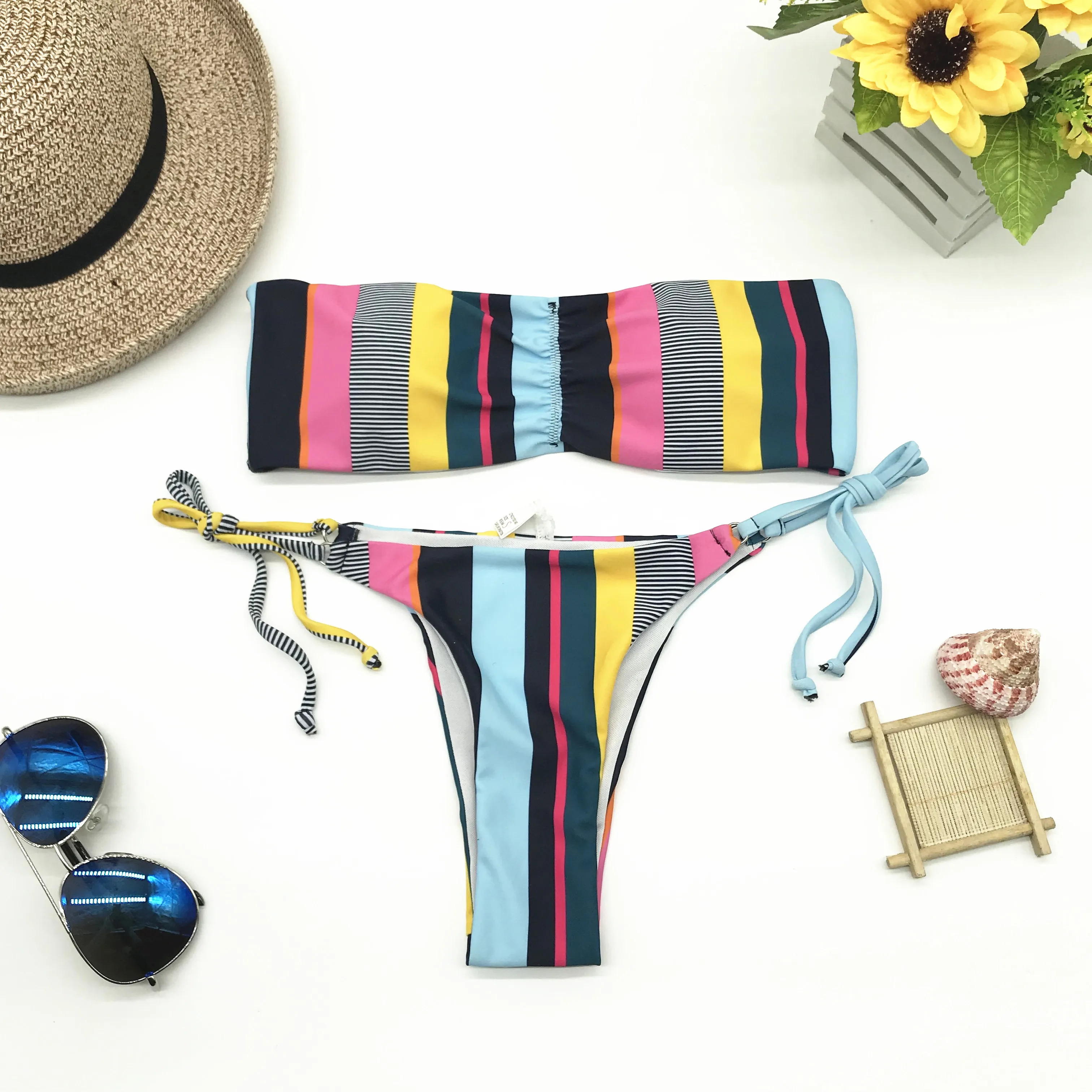 

Women Rainbow Colorful Striped Patchwork Two Piece Bikini Suit Swimsuit Swimwear 2019 Cute Sweet Push Up Biquini Plavky Tankini
