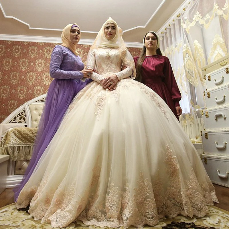 

Muslim Full Sleeves Wedding Ball Gown Appliques Elegant Muted Color Islam Bride Event Maxi Gowns Custom Made Bridal Long Gown
