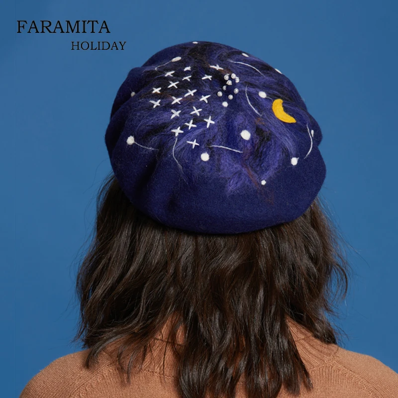 

Faramita Holiday The Starry Sky Mysterious Style Fashion Women Wool Hand Made Beret Girls Kids Warm Hat Manual Blue Night Cap