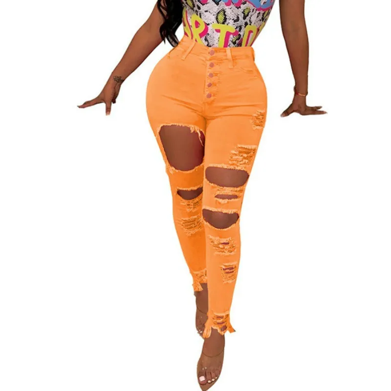 4 Colors Women's Fashion High Waist Soild Color Sexy Slim Shaved Hole Washed Denim Pencil Pants Trousers Mom Jeans S-4XL