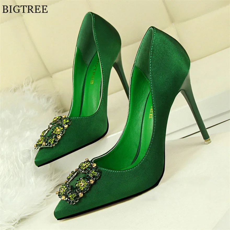 BIGTREE Women Pumps Elegant Rhinestone Silk Satin High Heels Shoes Crystal Metal Square Buckle Party Shoes Women Wedding Shoes BIGTREE Women Pumps Elegant Rhinestone Silk Satin High Heels Shoes Crystal Metal Square Buckle Party Shoes Women Wedding Shoes
