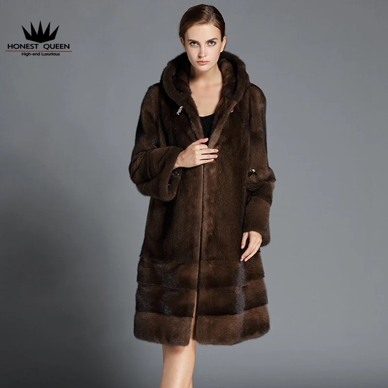 Danish velvet brown mink fur coat women with cap natural real high quality mink coat winter