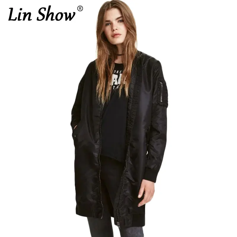 LINSHOW Women Long Jackets 2016 Autumn Casual Loose Warm Solid Black