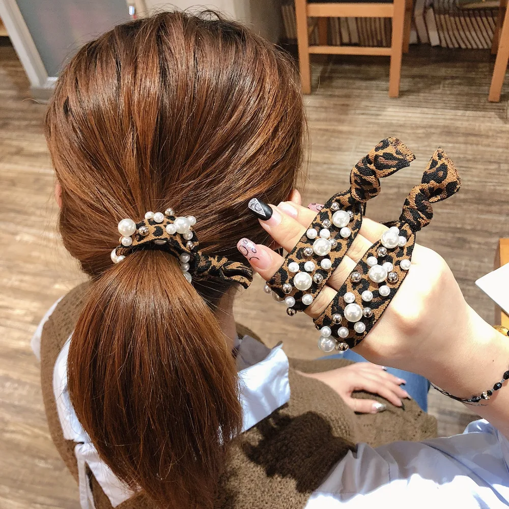 Корейская Женская эластичная лента для волос леопардовая жемчужная резинка для женщин эластичная Радужная лента для волос аксессуары для волос