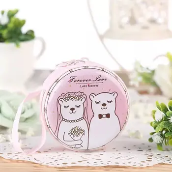 

Little White Bear Couple Round Tinplate Wedding Candy Box European Style With Zipper Coin Purse