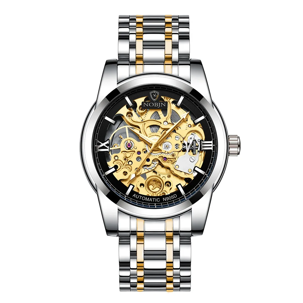 Watches Mens 2019 NOBJN N905D Mechanical Watch Hollow Skeleton Watch Waterproof Luminous Hands Automatic Watch Men Gold Hour (15)