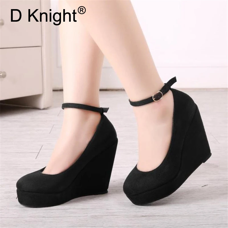 

Elegant Black Beige Wedges Shoes Buckle Strap Pumps for Women Platform High Heels Round Toe Ladies High Heel Wedges Shoes Sandal