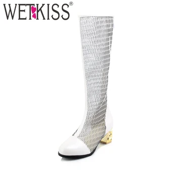 

WETKISS Big Size Knee High Women Summer Boots Cutout Round Toe Square Heels Mesh Footwear Zipper High Heels Brand Ladies Shoes