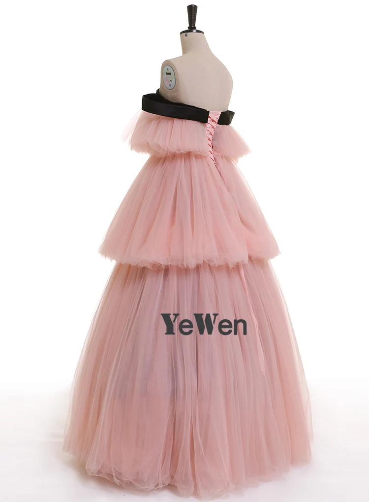long gown YeWen 2020 Off The Shoulder Cake Shape Pink Sexy A-line Tulle Ball Gown Evening Dress Prom Dresses Vestido De Noiva Real Picture gold evening gowns