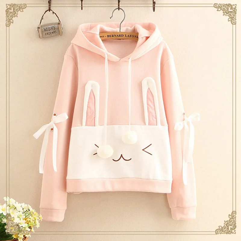 Harajuku Kawaii Hoodies Women Clothing Sweatshirts Spring Pink White