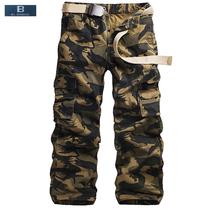 

[EL BARCO] Cotton Military Men Cargo Pants Casual Autumn Camouflage White Grey Khaki Army Green Soft Male Long Loose Trousers