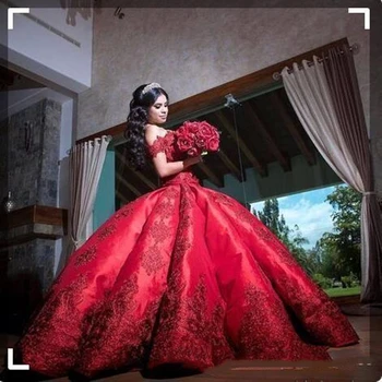 

Cheap Ball Gown Red Quinceanera Dresses For Girls Satin Off Shoulder Appliques Long Sweet 16 Prom Dresses Formal Gowns