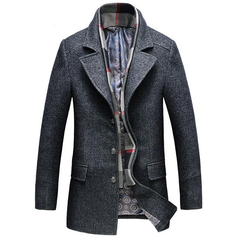 Шерстяное пальто для мужчин, Зимняя Толстая ветровка, Съемный шарф, пальто abrigo hombre, мужская повседневная длинная куртка, деловой Тренч, пальто - Цвет: Темно-серый