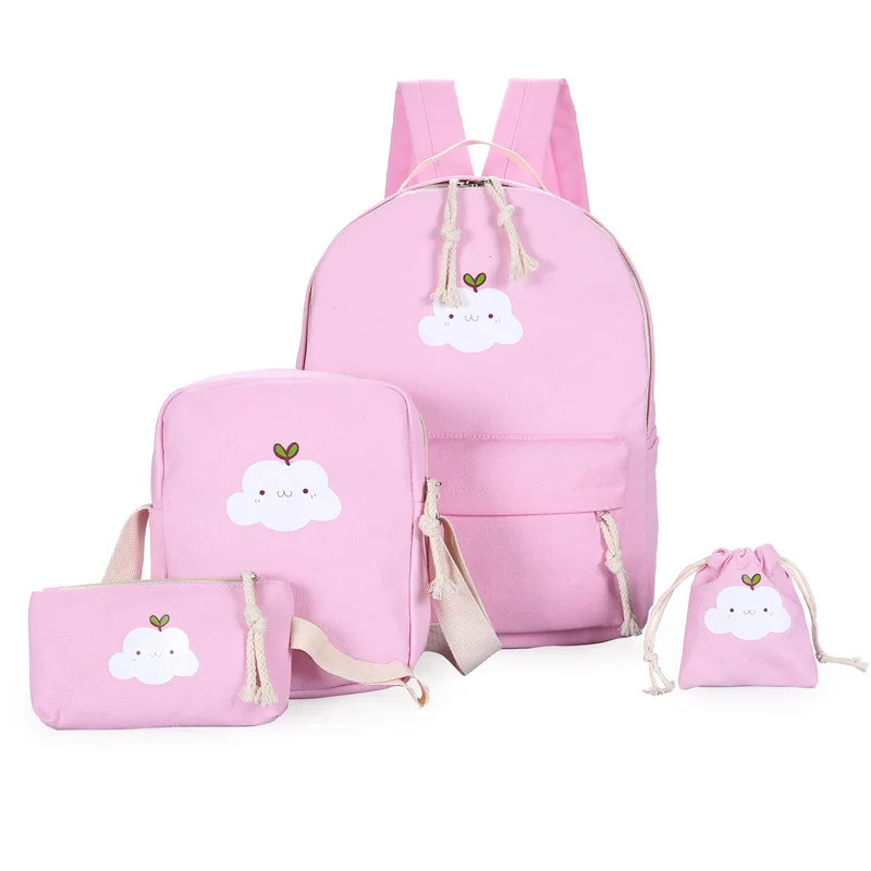 

cartoon casual canvas shoulder bag of female Korean kids women backpacks set 4 pcs school bag for kids and girls school backpack