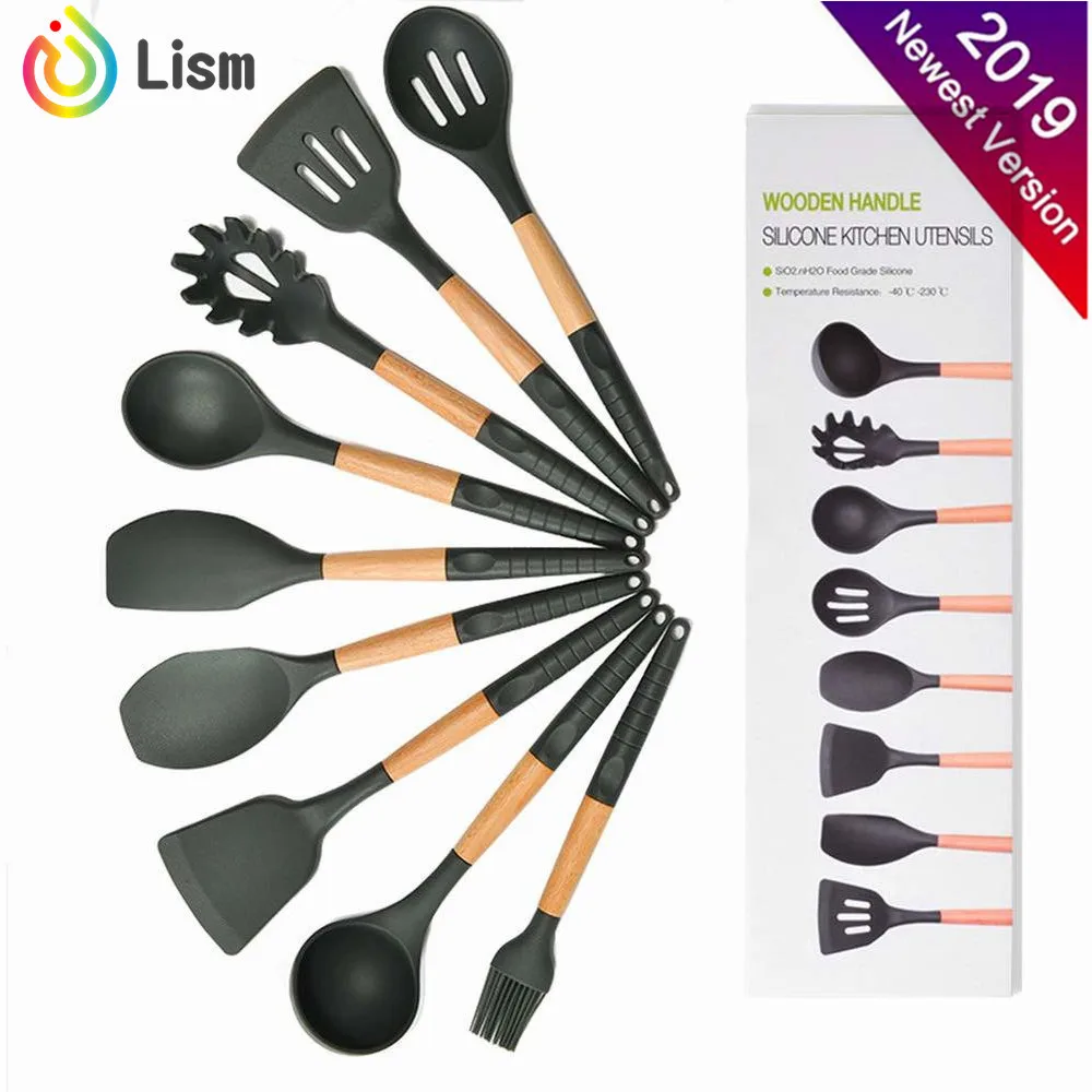 

2019 Premium Silicone Cooking Utensils Kitchen Utensil Set 9 Pieces Wooden Tools Turner Tongs Spatula Spoon for Cookware Black
