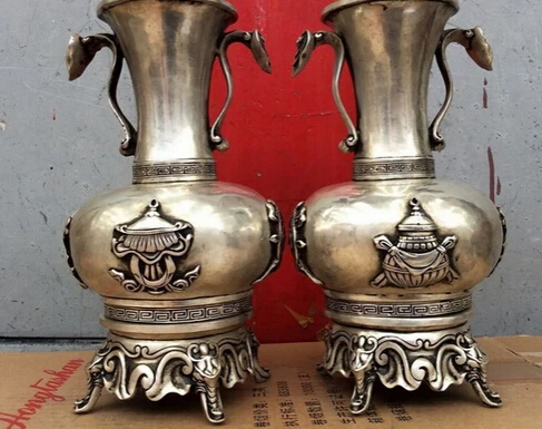 

B0602 Bronze coated silver tibetan 8 lucky symbol ruyi statue flower tabletop Vase