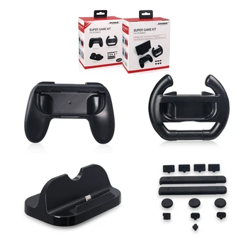 

Super Game Kit Black Charging Dock Controller Grip Rubber Plug Controller Wheel for Nintend Switch NS N-Switch Console Joy-Con