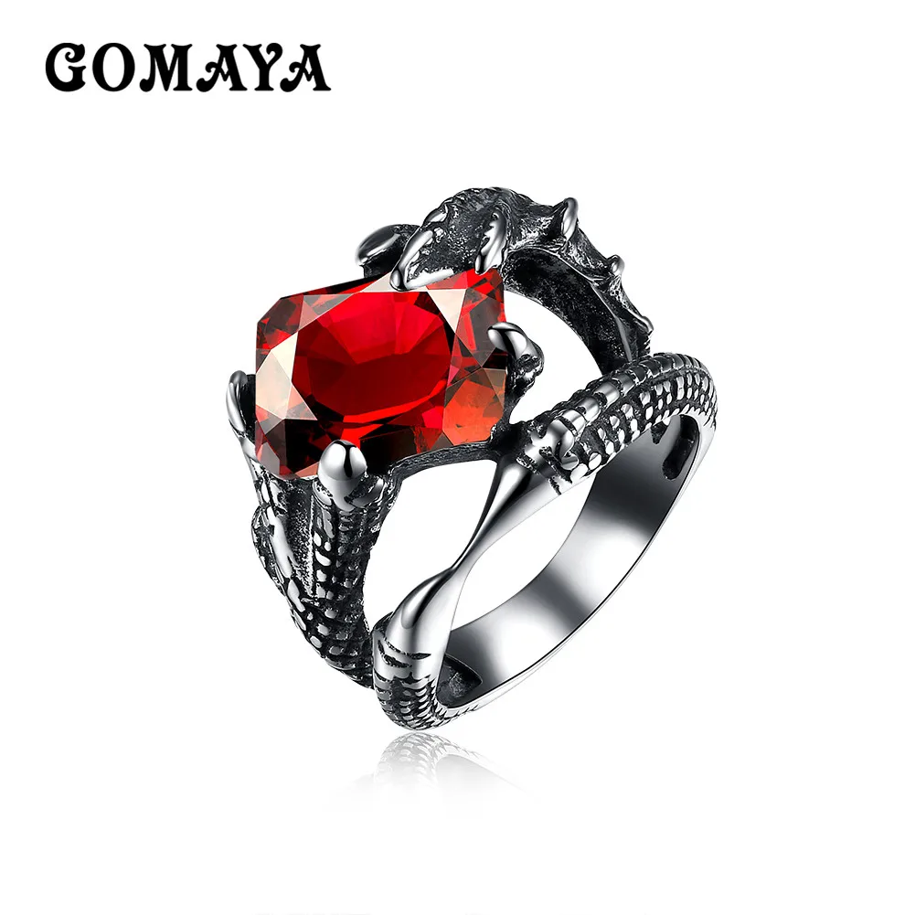 

GOMAYA Unisex Rings Red Zircon CZ Claws Vintage Rock Punk Retro Mens Women Rings Gothic Antique 316L Stainless Steel