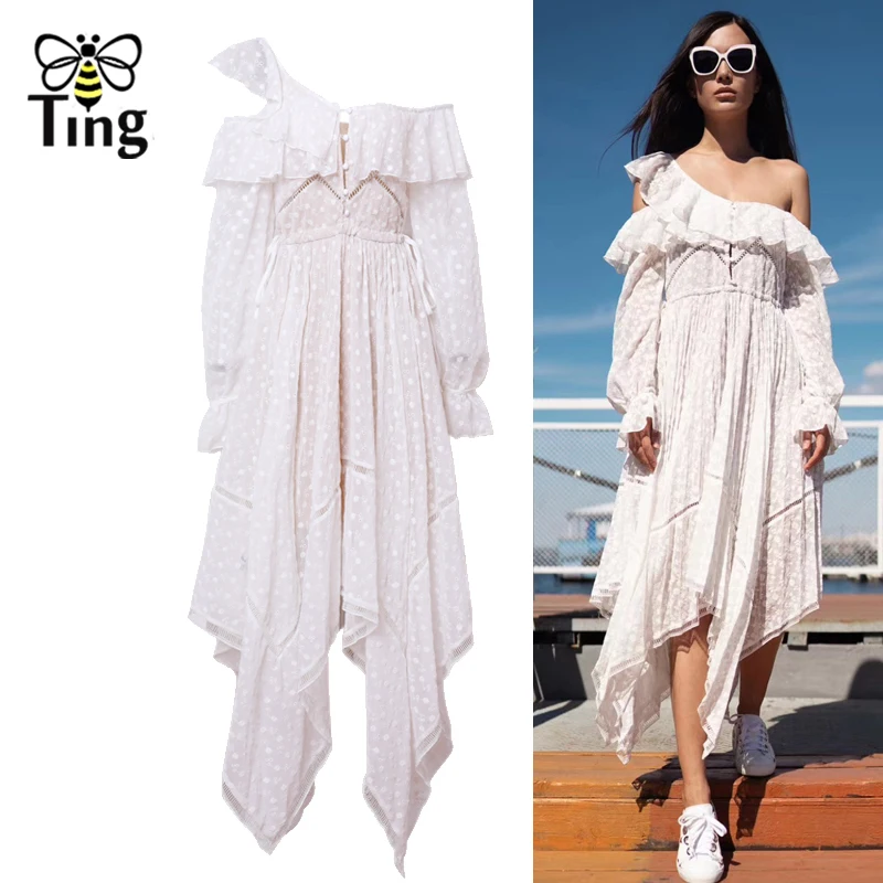 

Tingfly 2019 Summer Designer New Style Dress Sexy One Shoulder Ruffles Lace Embroidery Asymmetrical Dress Boho Long Vestidos