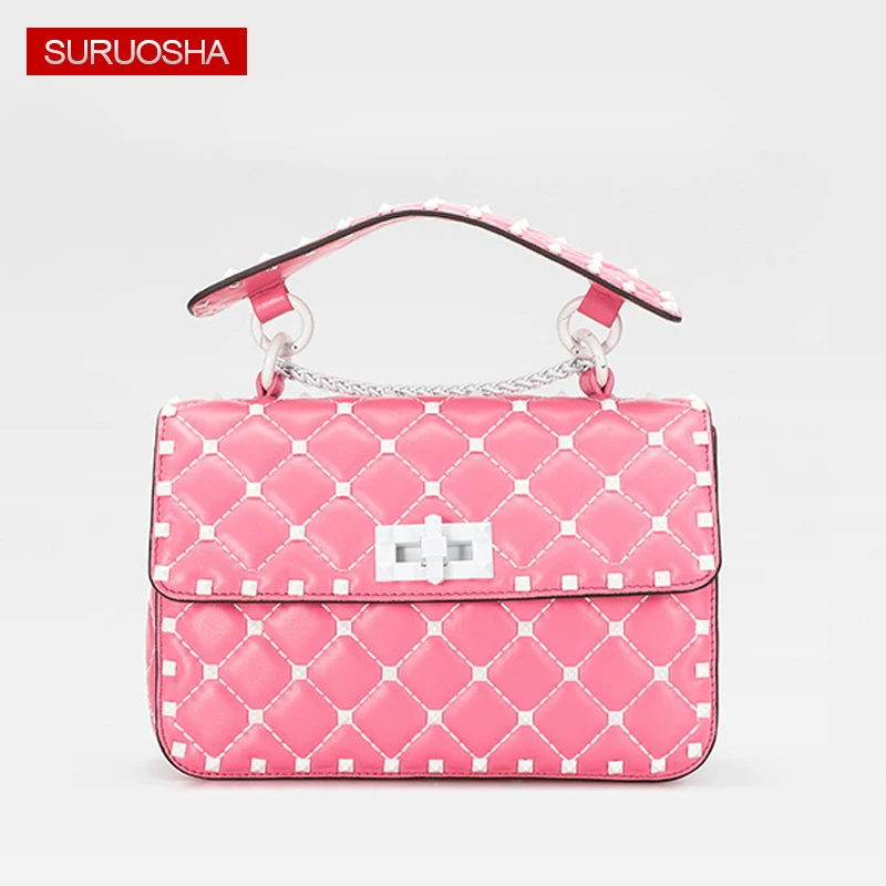 

White Rivet Women Handbag Brand Designer Super Star Plaid Chains Shoulder Bags Ladies Sheepskin Leather Bags Luxury Brand