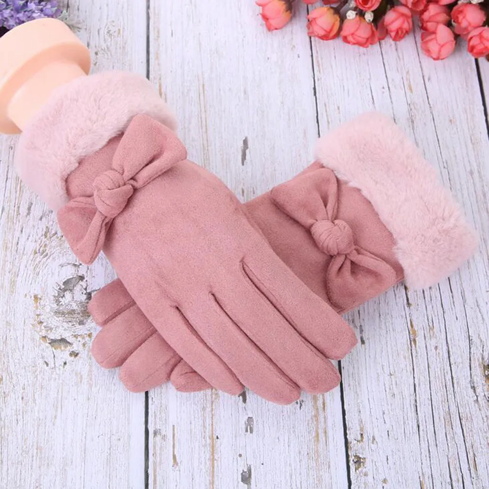 Женские перчатки из искусственной замши осенние и зимние теплые плюшевые двойные утолщенные перчатки с бантиком полный палец варежки# RN