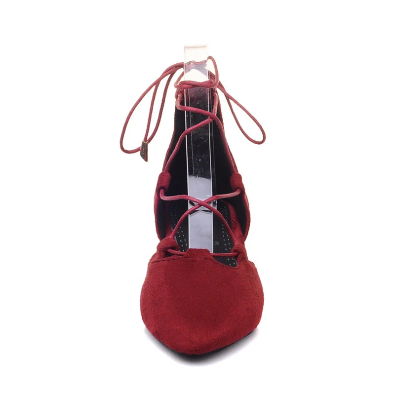 Phoentin/пикантные красные сандалии больших размеров женские туфли и сандалии до середины голени с перекрестной шнуровкой на низком каблуке с острым носком FT262