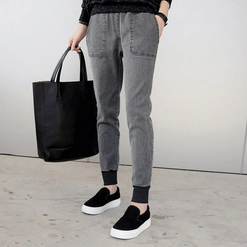 Plus Size 5XL Jeans Woman Autumn Winter Denim Harem Pants Casual Trousers Elastic Waist Women Jeans Big Pocket Jeans Femme C2513