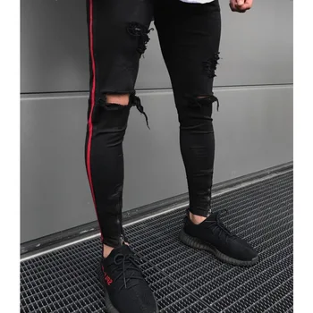 

men Jeans Hiphop Zipper Stretch Knee Ripped Biker Jeans Hole Hip Hop Elasticity Skinny Denim Trousers Vintage Jeans
