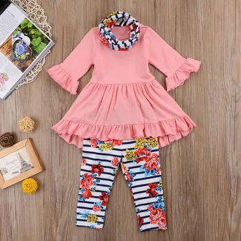 

wholesale baby girl clothes set Butterfly sleeve solid pink dress+floral printed pants+ Scarf suit 3pcs kids Outfits1-7Y vestido