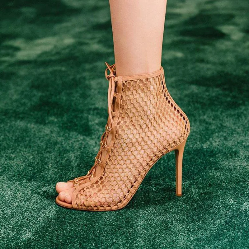 

Air Mesh Cross-tied Ankle Boots Woman Female Stilettos Super High Thin Heel Peep Toe Lace Up Summer Shoes Mature Large Size 6 16