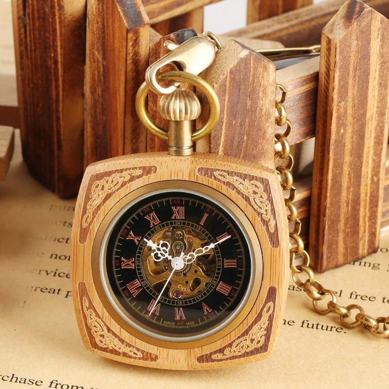 Retro Unique Royal Red Wooden Bamboo Hand Winding Mechanical Pocket Watch Square Dial with 30cm Gold Chain Men Hour Clock Gifts 2018 2019 (17)