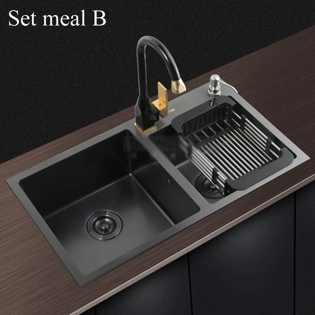 Dapur Sink Ganda Groove 304 Anti Karat Hitam Nano Tangki Air Dapur Sink Ganda Groove 304 Anti Karat Hitam Nano Tangki Air Antibakteri 4 Mm Tebal Permukaan