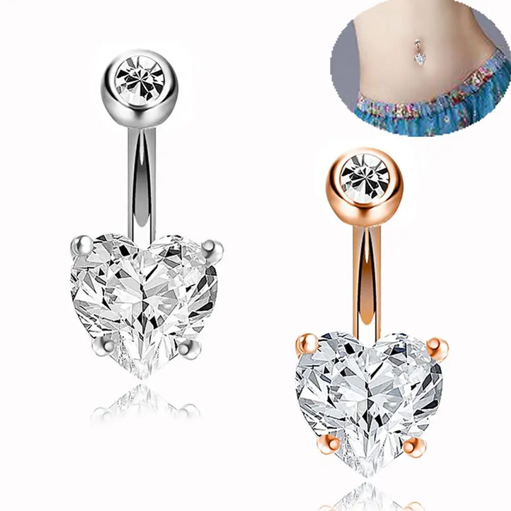 

Fashion Sexy Women Heart Shape Sexy Belly Button Gold Silver Rings Belly Piercing Zircon Body Jewelry Navel Piercing Rings